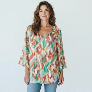 Ikat Print Tunic Blouse Size M Boho Tassel Tie Lightweight Top